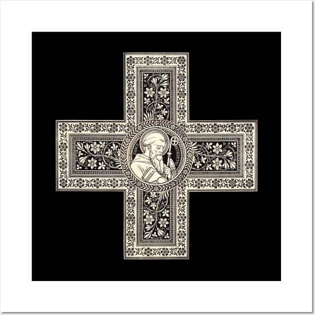 Antique Illustration Cross with Saint Benedict Wall Art by Catholicamtees